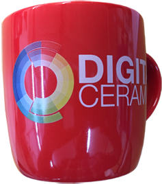 Red mug with white digital decal